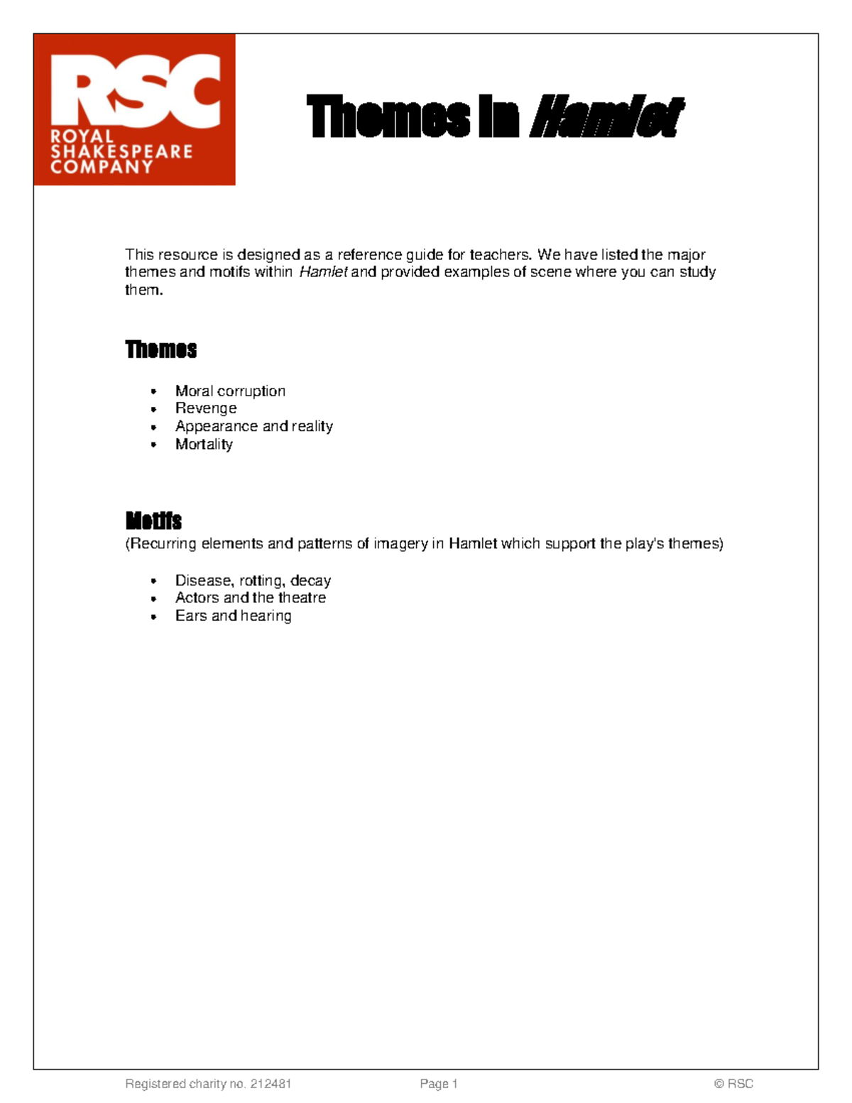 Hamlet Themes and Motifs: A Teacher's Reference Guide - Studocu