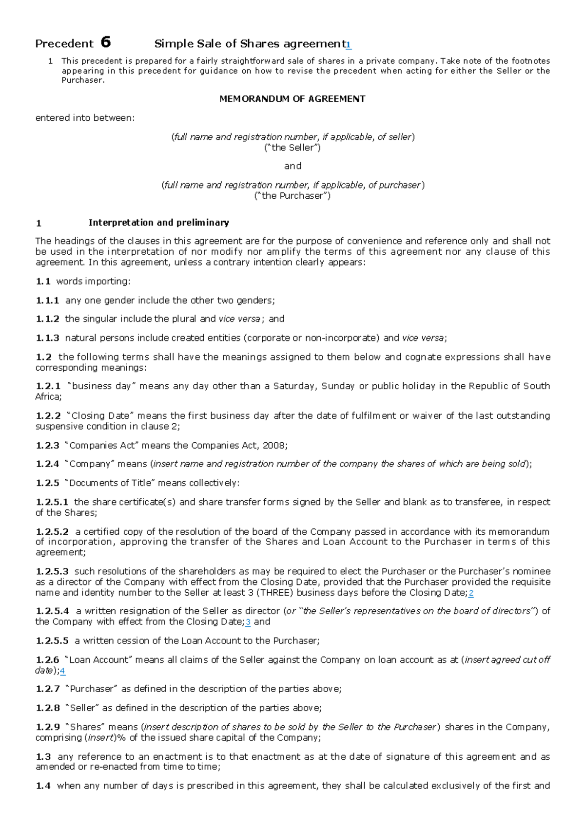 Sale of Shares Agreement Template - Precedent 6.1 - Studocu