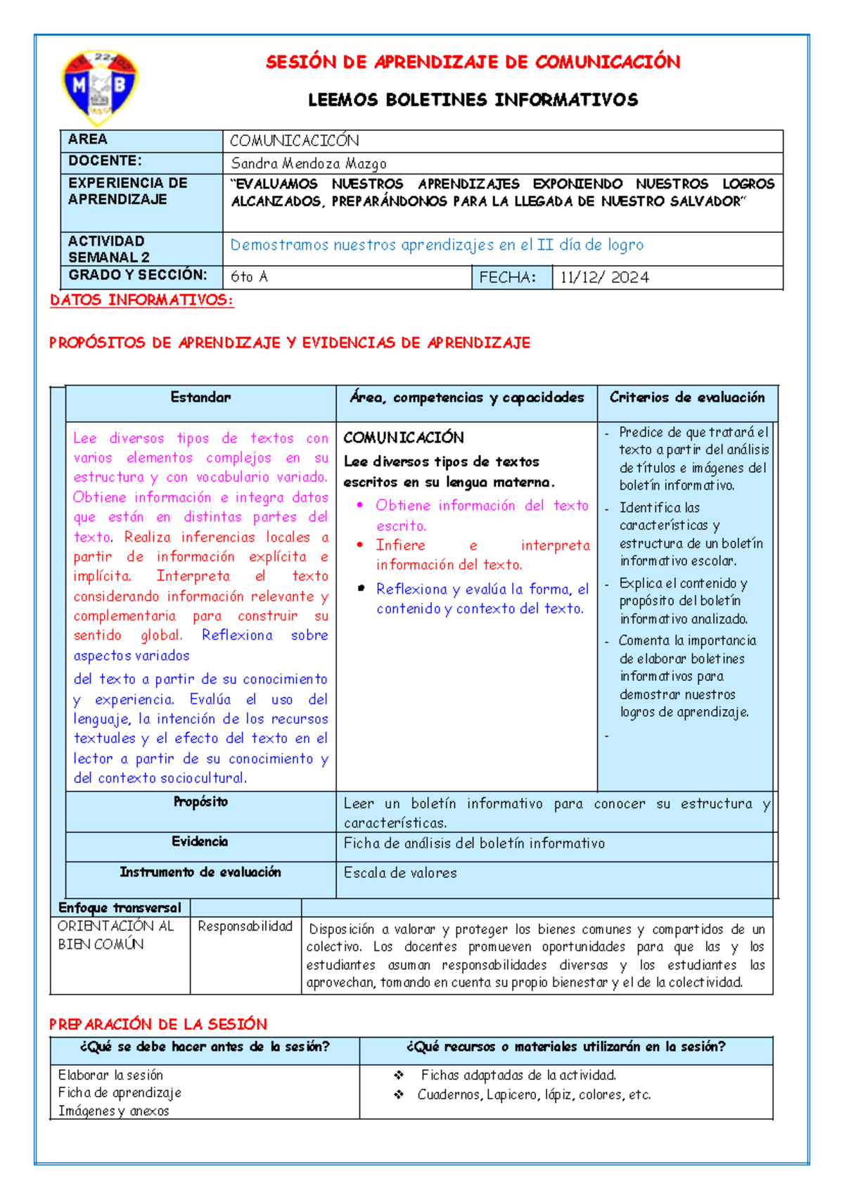 Sesión de Aprendizaje de Comunicación: Lectura de Boletines Informativos - Document Preview