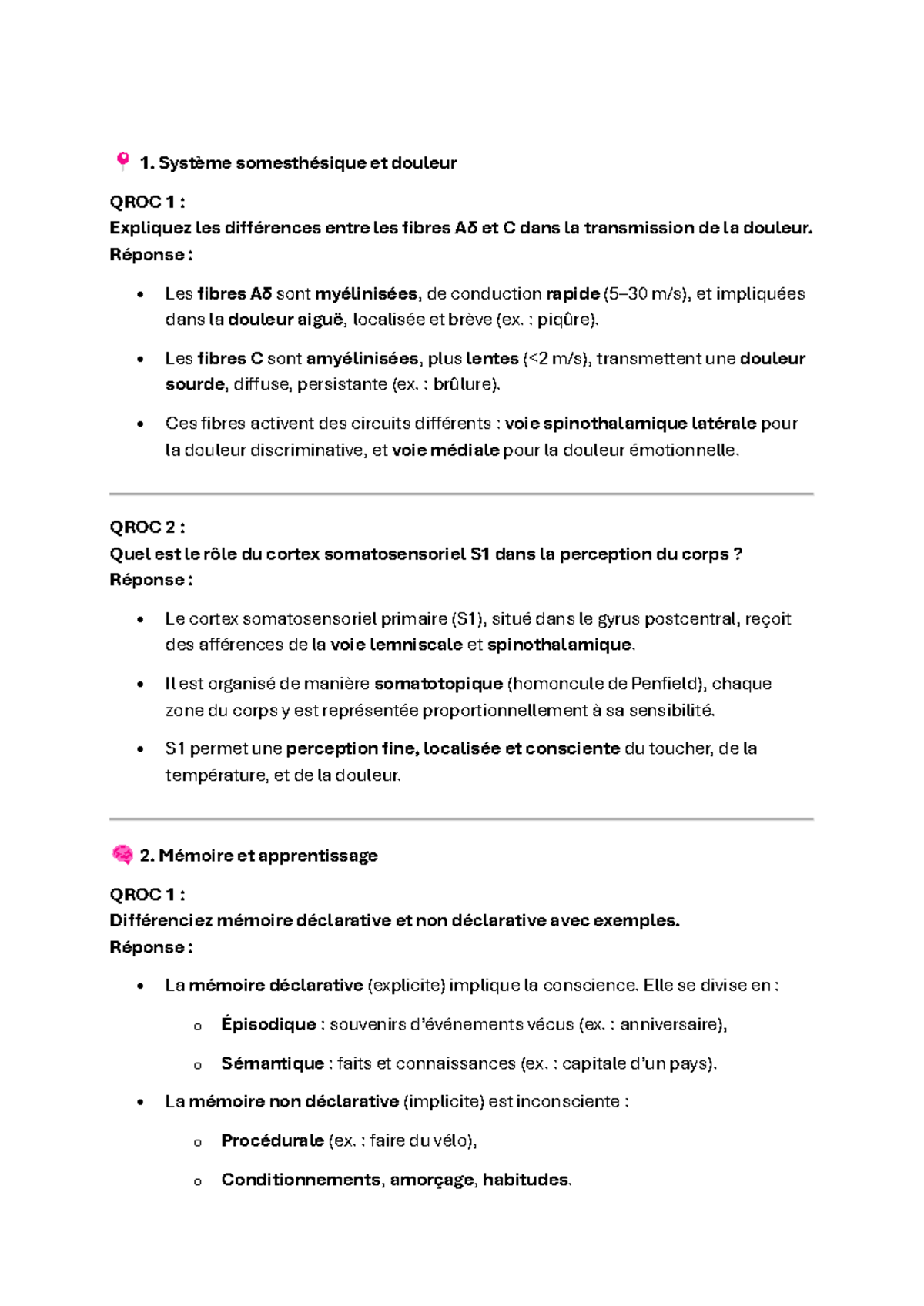 QROC - qst ouvertes et courtes - Système somesthésique et douleur QROC ...