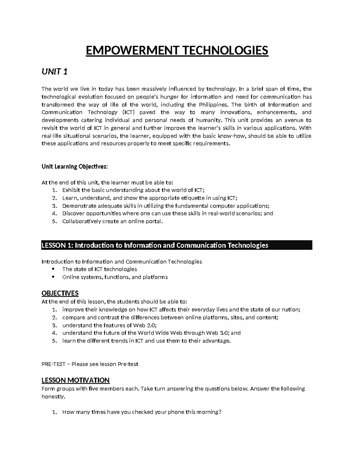 Empowerment Technologies - Lesson 1: ICT and Its Impact on Life - Studocu