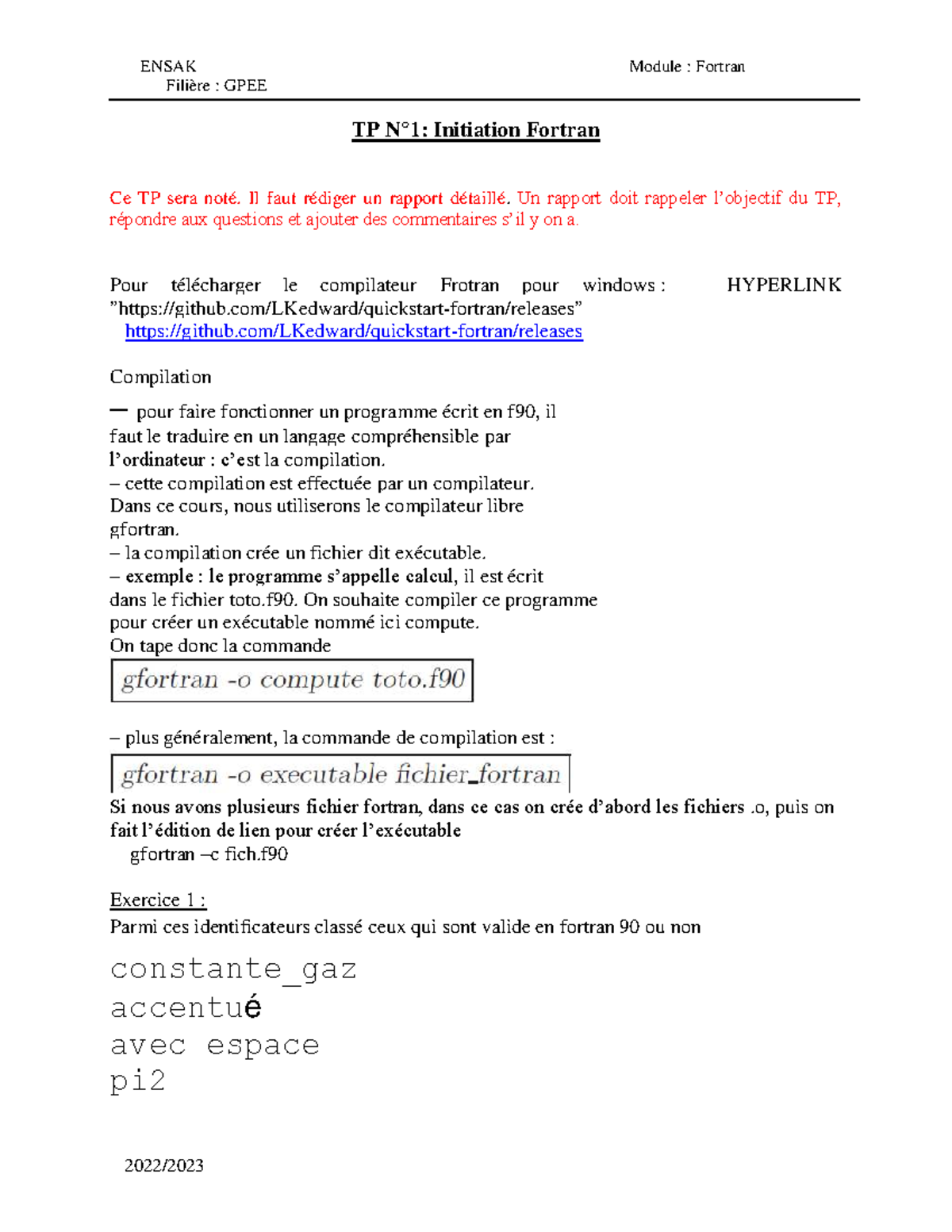 TP1 Fortran GPEE: Initiation et Compilation des Programmes - Studocu