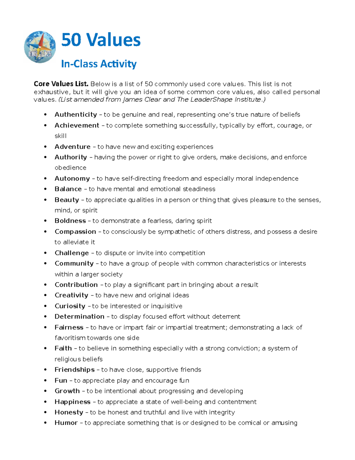 Core Values In-Class Activity - 50 Essential Traits Guide - Studocu