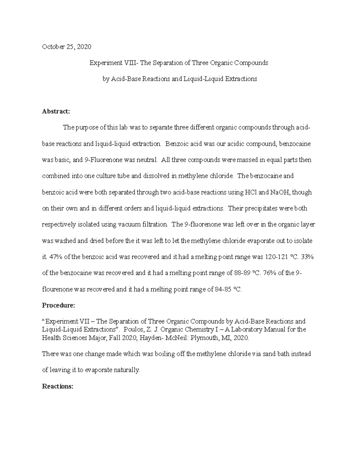 Lab Report 3: Separation of Three Organic Compounds by Reactions - Studocu