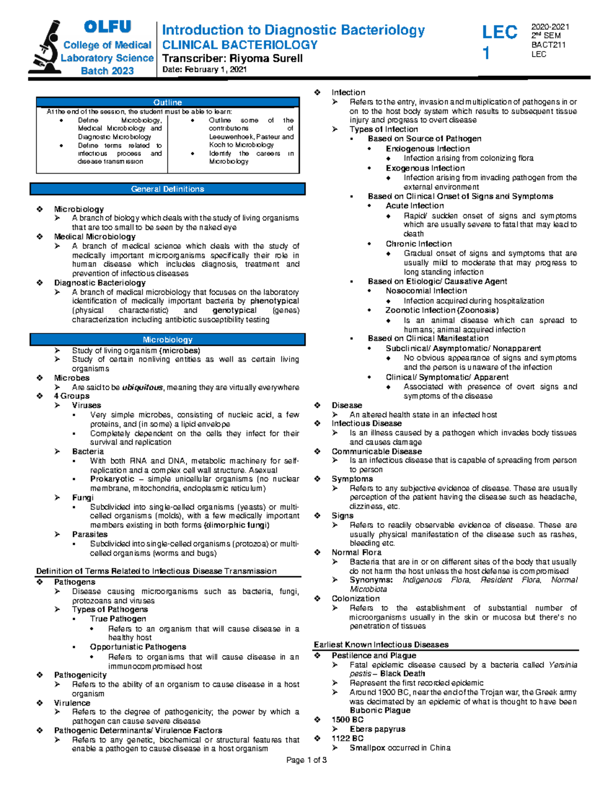 OLFU BACT211 Lecture Notes: Introduction to Diagnostic Bacteriology ...