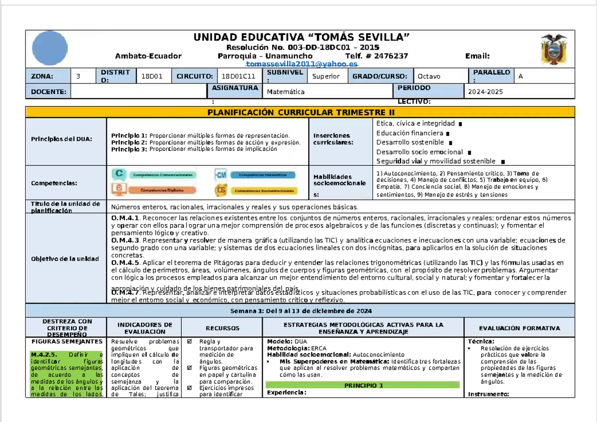 Planificación Curricular Matemática 8vo EGB - Trimestre II - Document Preview