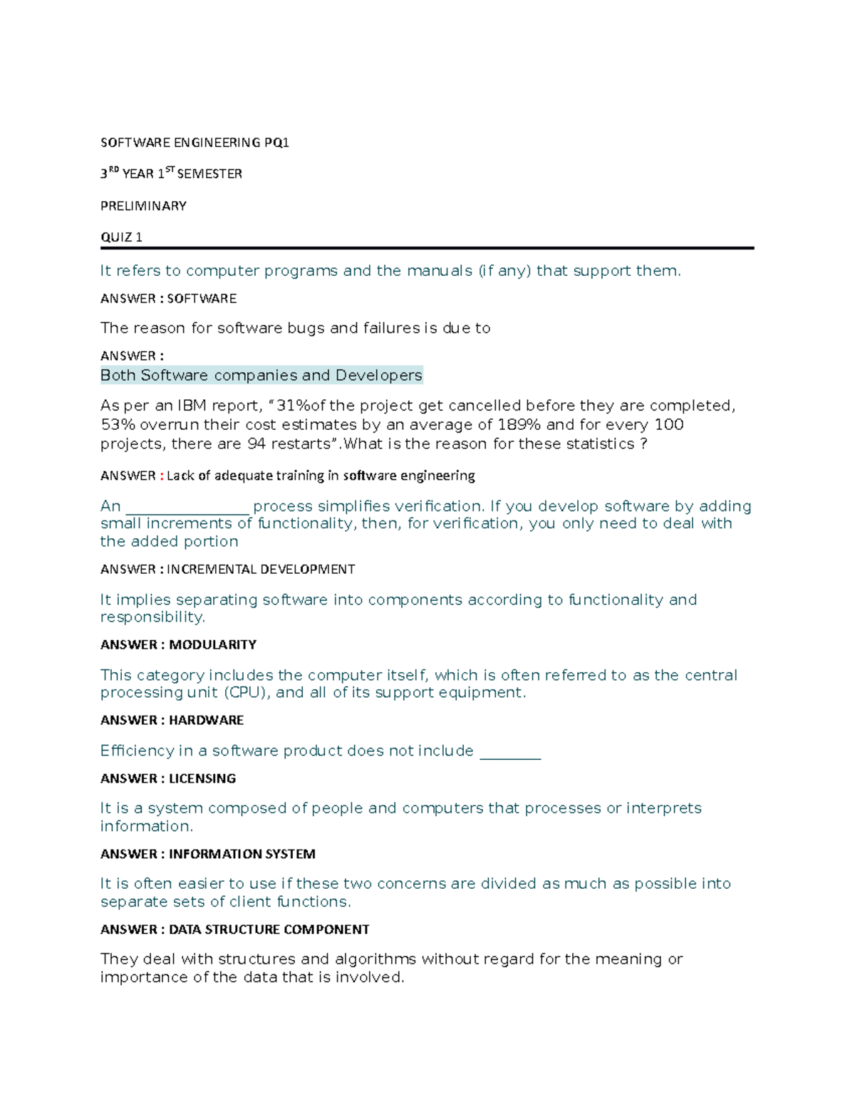 Software Engineering PQ1 - SOFTWARE ENGINEERING PQ 3 RD YEAR 1ST ...
