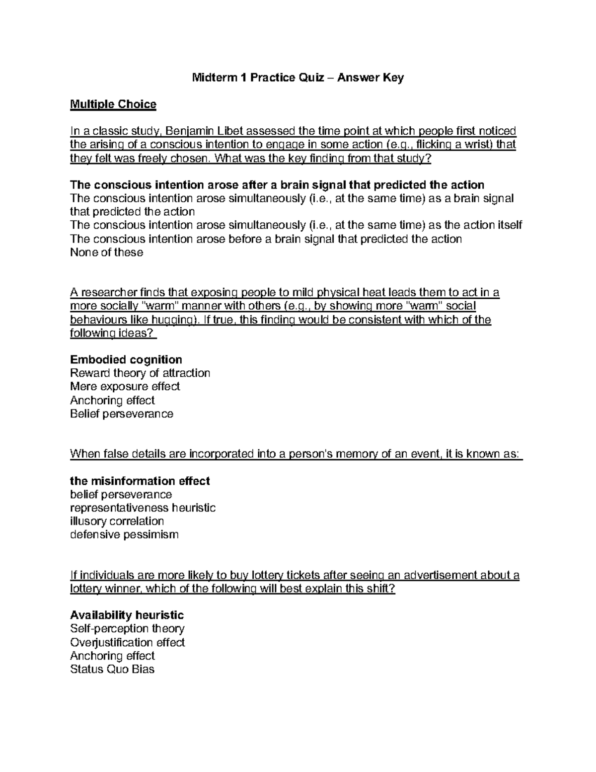 Midterm 1 Practice Quiz Answer Key - Psychology 101 Fall 2023 - Studocu