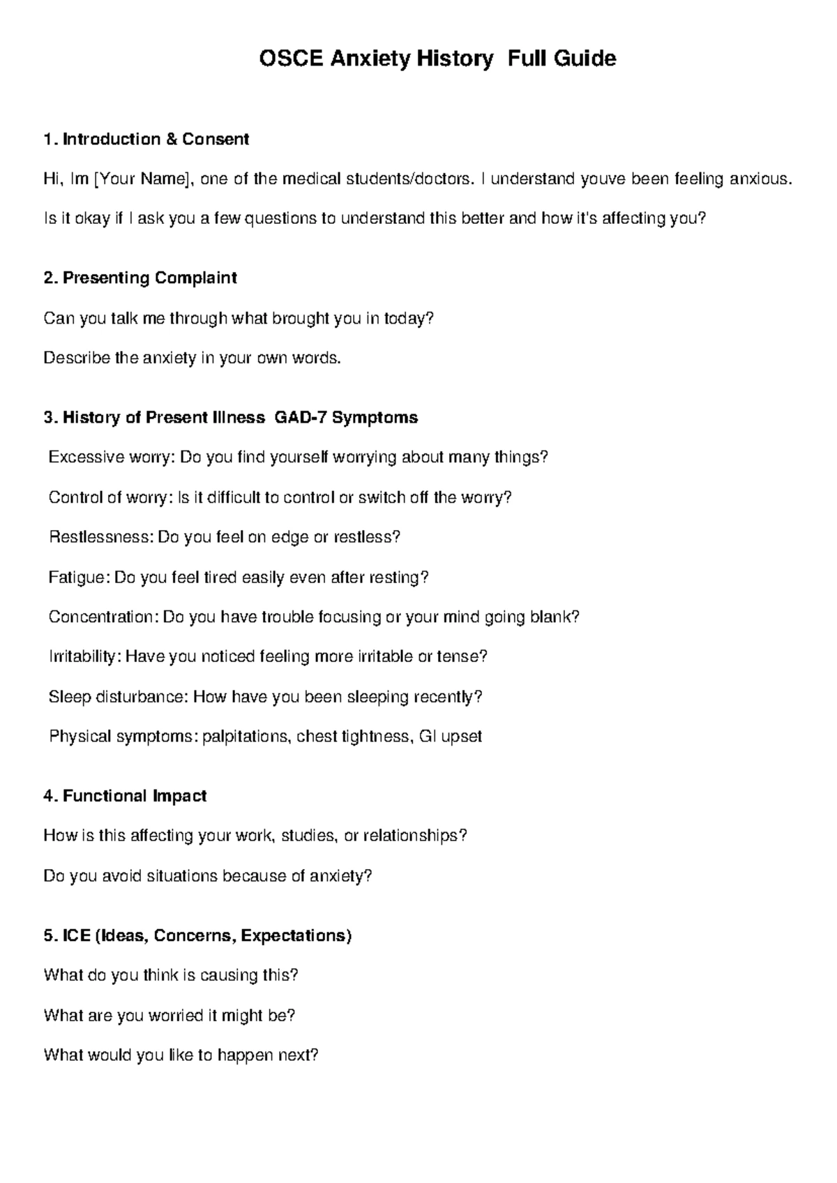 OSCE Depression History Full Guide: Assessment & Management - Studocu