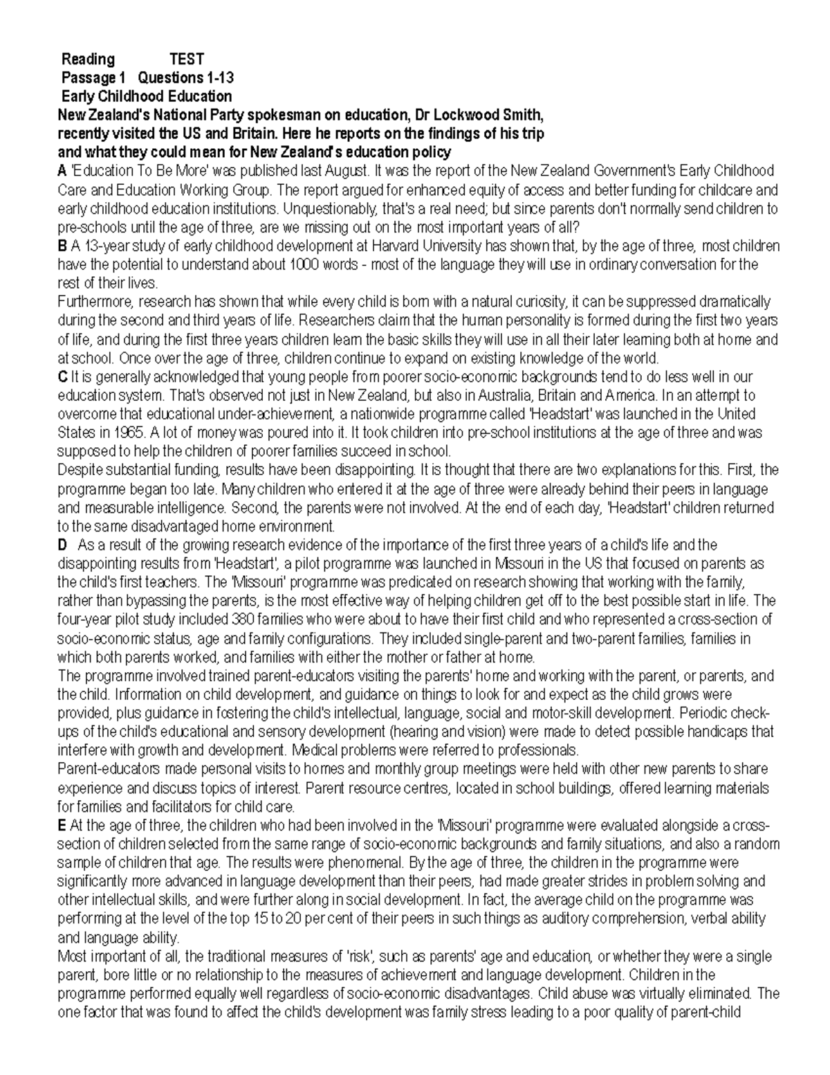 Early Childhood Education Reading Test Passage 1 Questions (ECE 11-AV ...