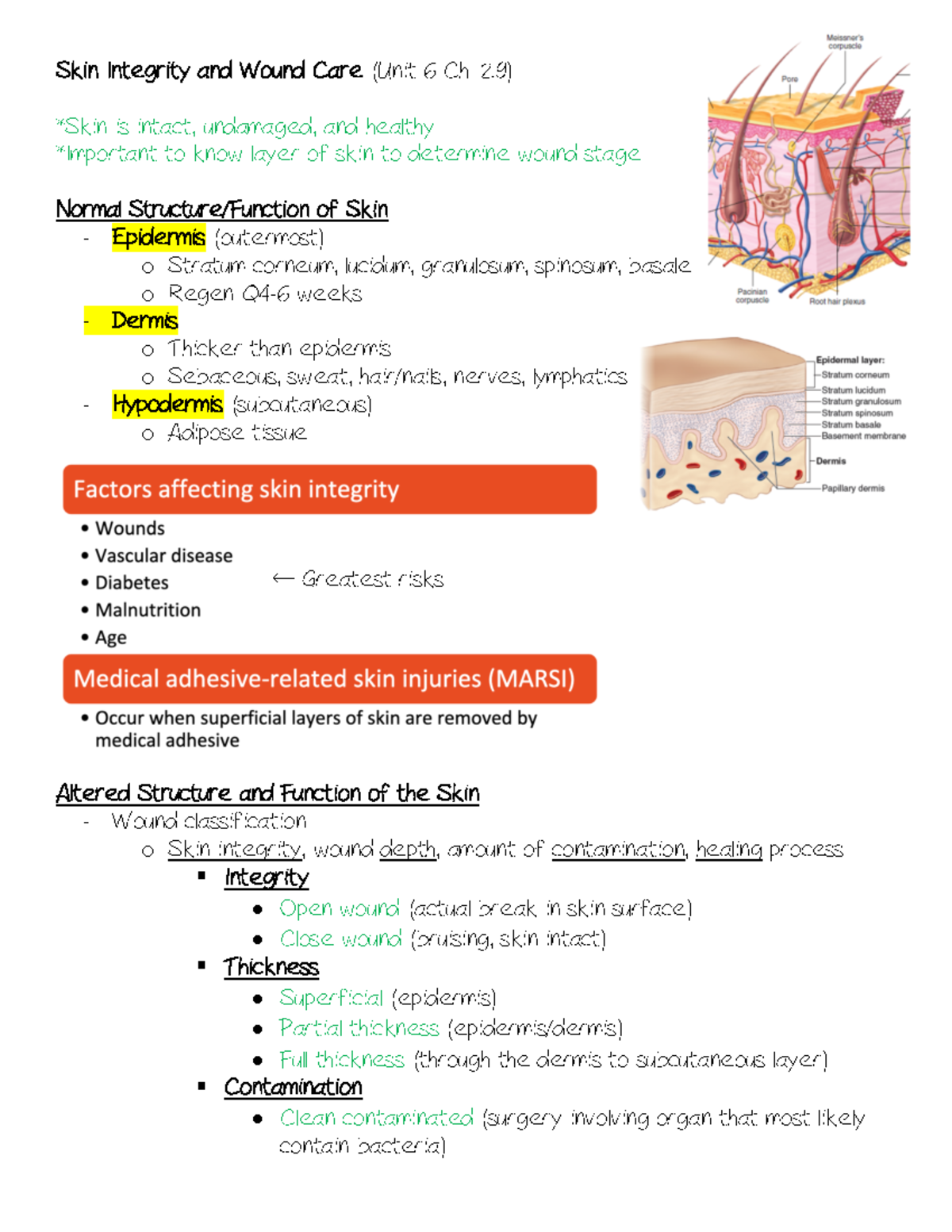 Skin Integrity & Wound Care Lecture Notes (Unit 6, Chapter 29) - Studocu