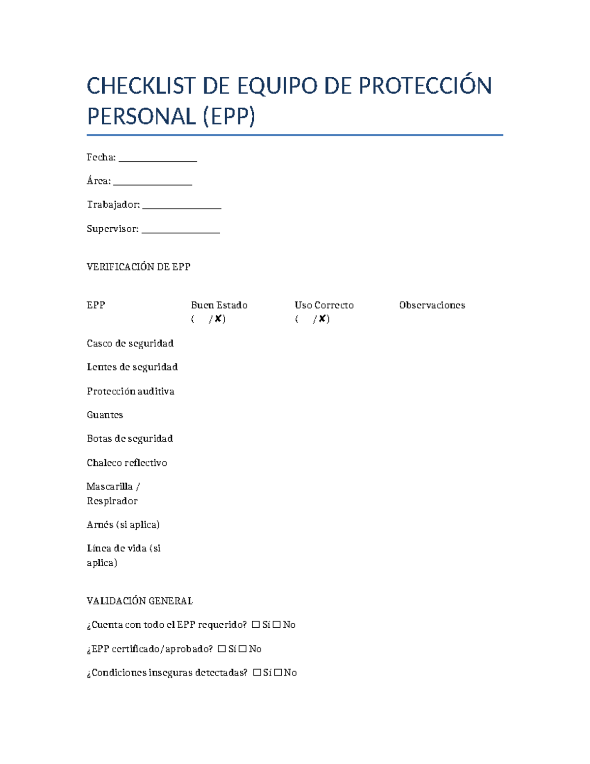 Checklist EPP - EPP chek list - CHECKLIST DE EQUIPO DE PROTECCIÓN ...
