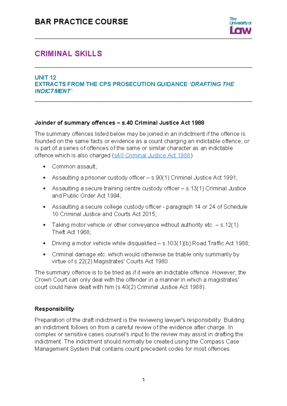 BAR PRACTICE COURSE: Criminal Skills Unit 12 - CPS Prosecution Guidance ...