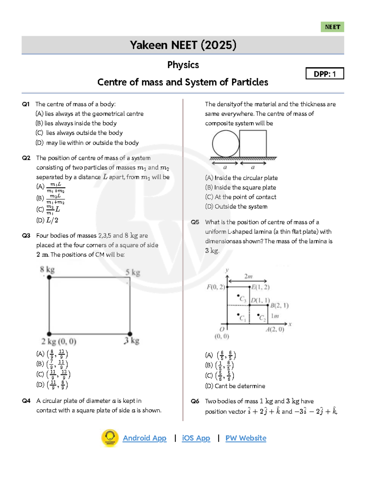 NEET (2025) Physics: Centre of Mass & System of Particles DPP 01 - Studocu