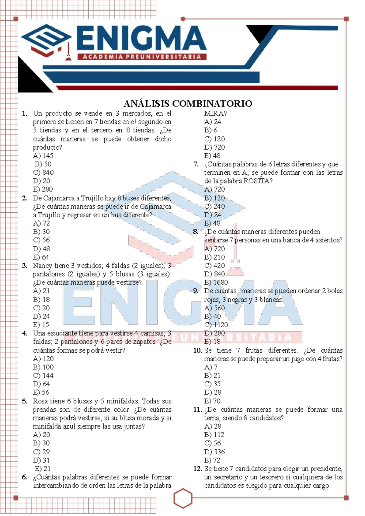 ANÁLISIS COMBINATORIO RM - Ejercicios y Soluciones - Studocu