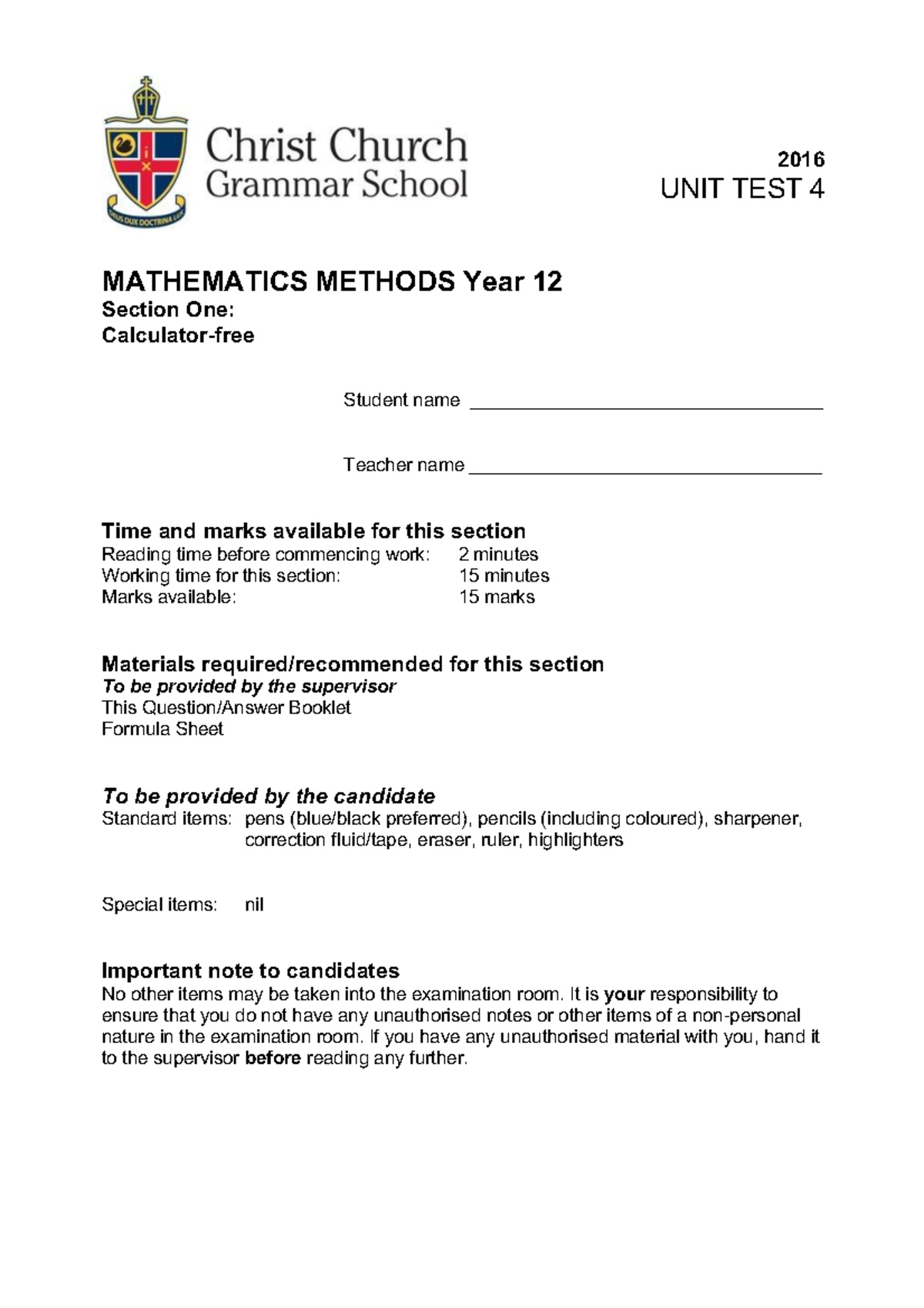 2016 UNIT TEST 4 MATHEMATICS METHODS Year 12 - Practice Questions - Studocu