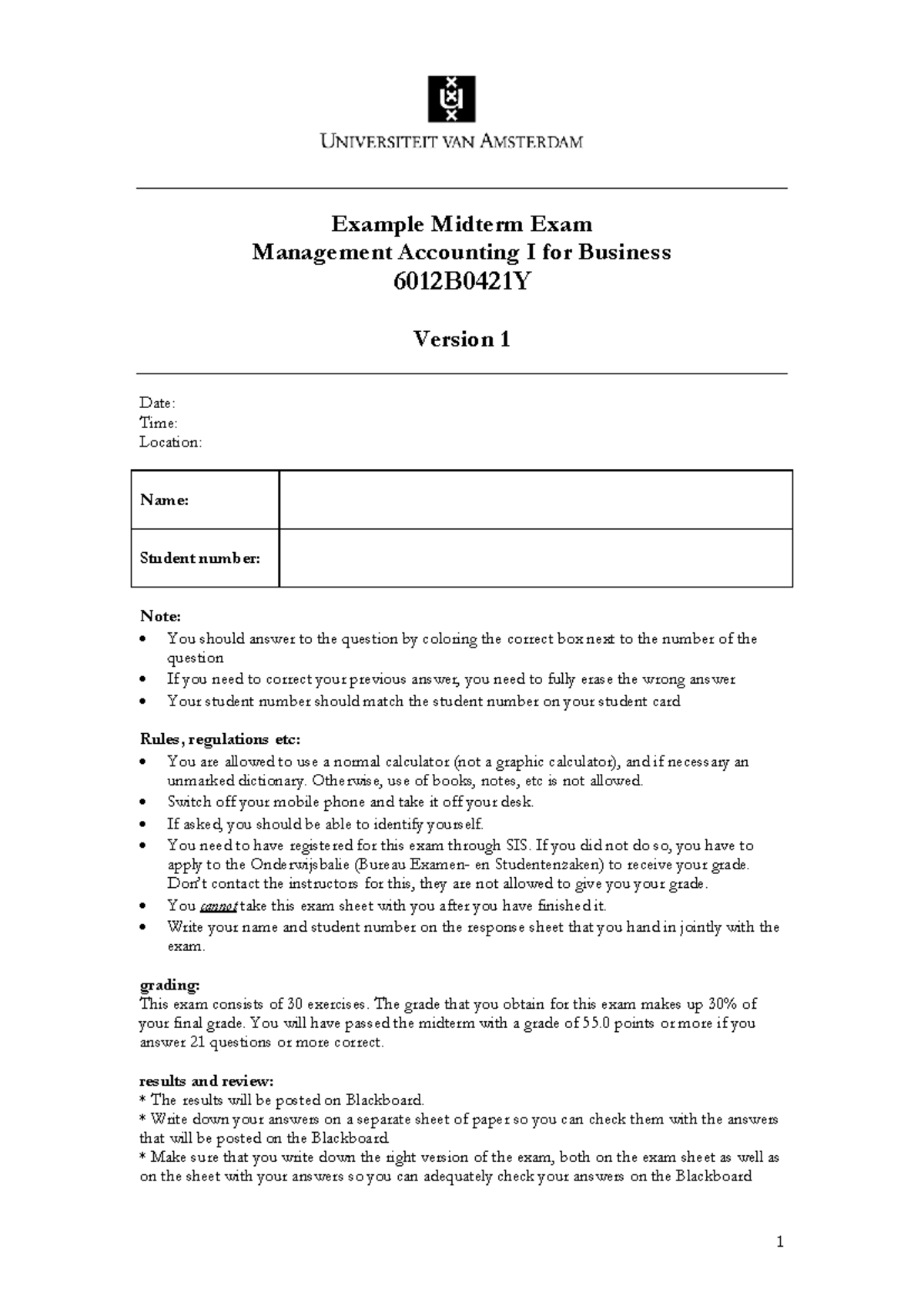 Management Accounting I (6012B0421Y) Midterm Exam Practice Questions ...