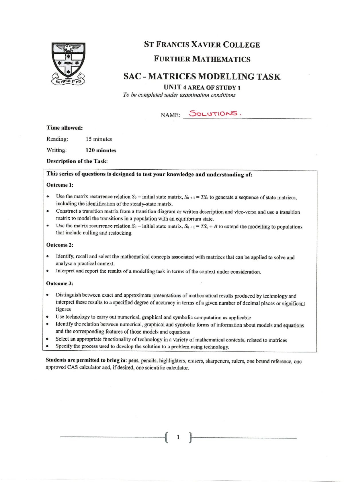 2020 Further Mathematics SAC: Matrices Modelling Task Solutions - Studocu