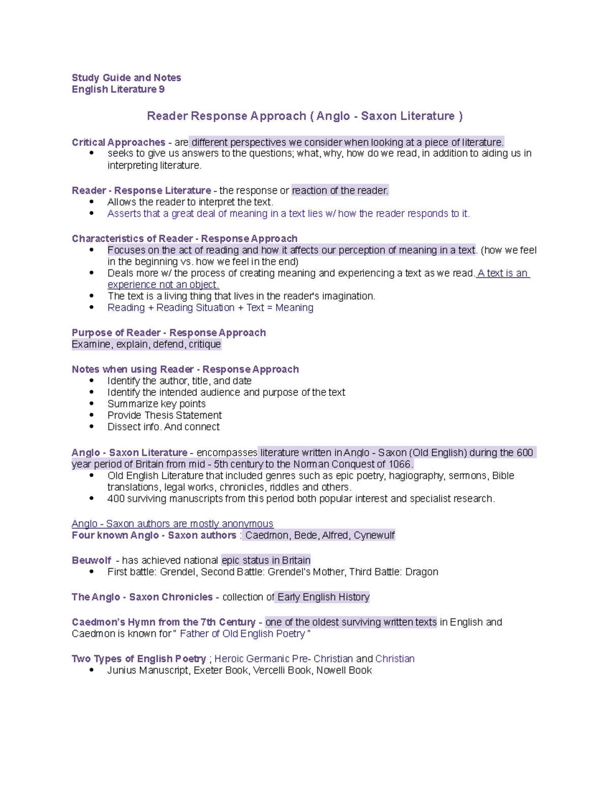 Reader Response Approach Study Guide: English Literature 9 - Studocu