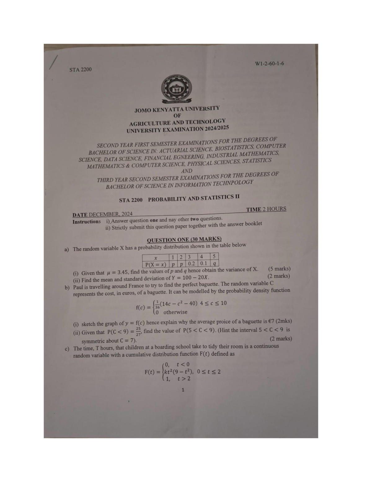 STA 2200 Probability and Statistics II December 2024 Exam Paper - Studocu
