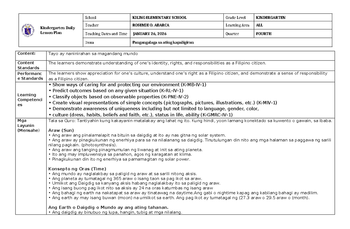 Q4. WEEK 1 - KINDERGARTEN DAILY LESSON PLAN - Studocu