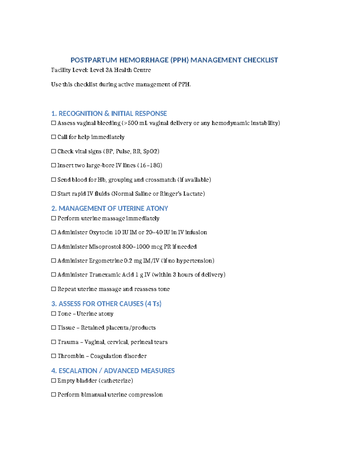 PPH Management Checklist: Level 3A Health Centre Guidelines - Studocu