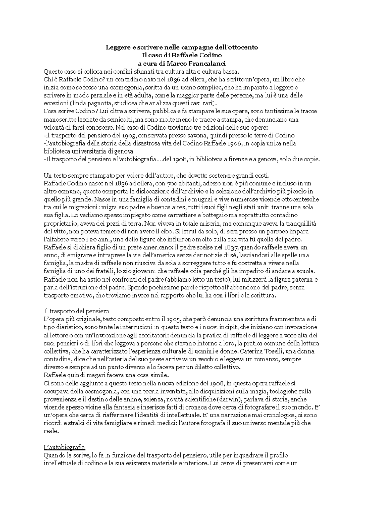 Il caso di Raffaele Codino: Scrittura e Cultura Contadina nel XIX ...