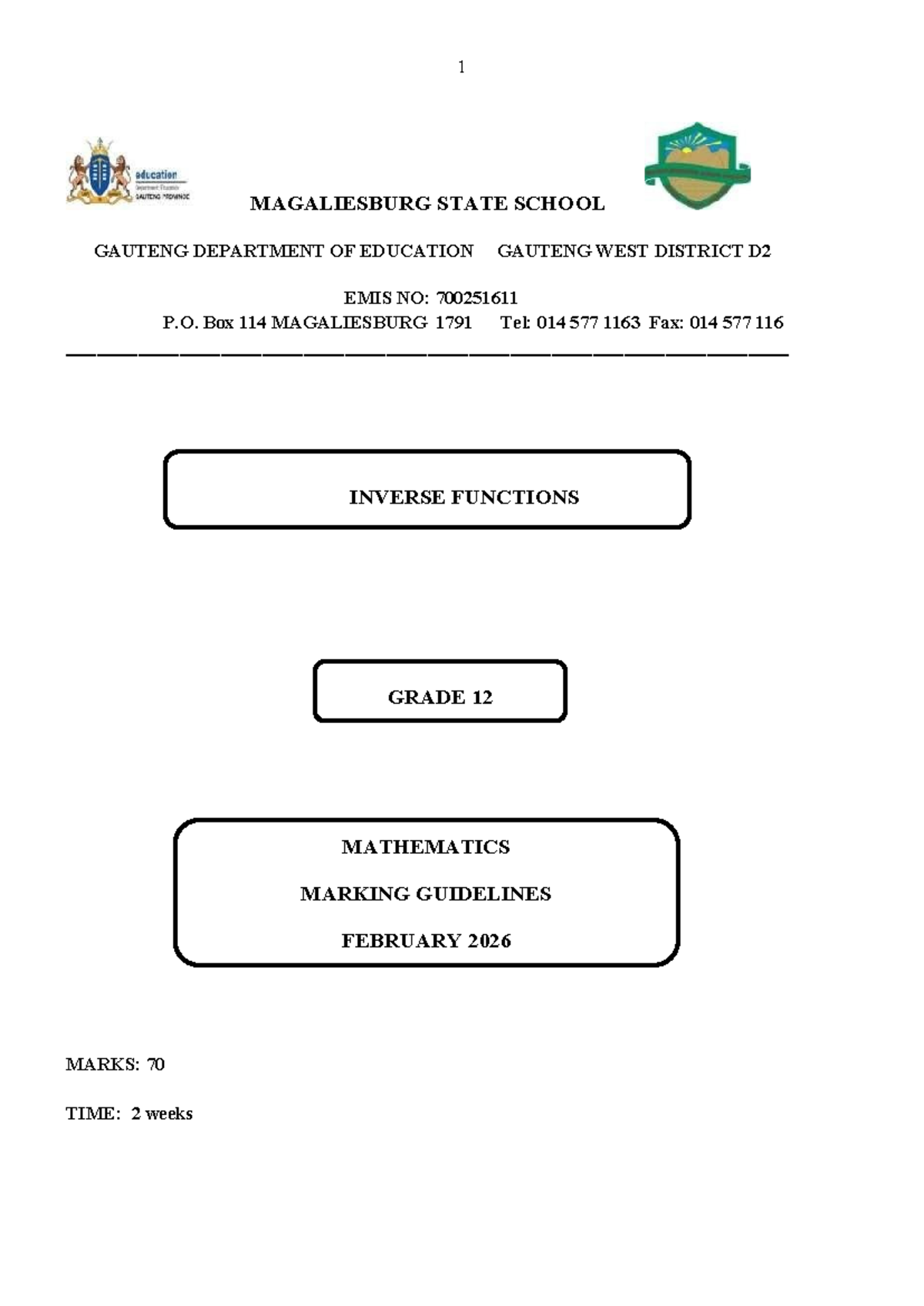G12 Mathematics Inverse Functions Investigation Memo 2026 - Studocu