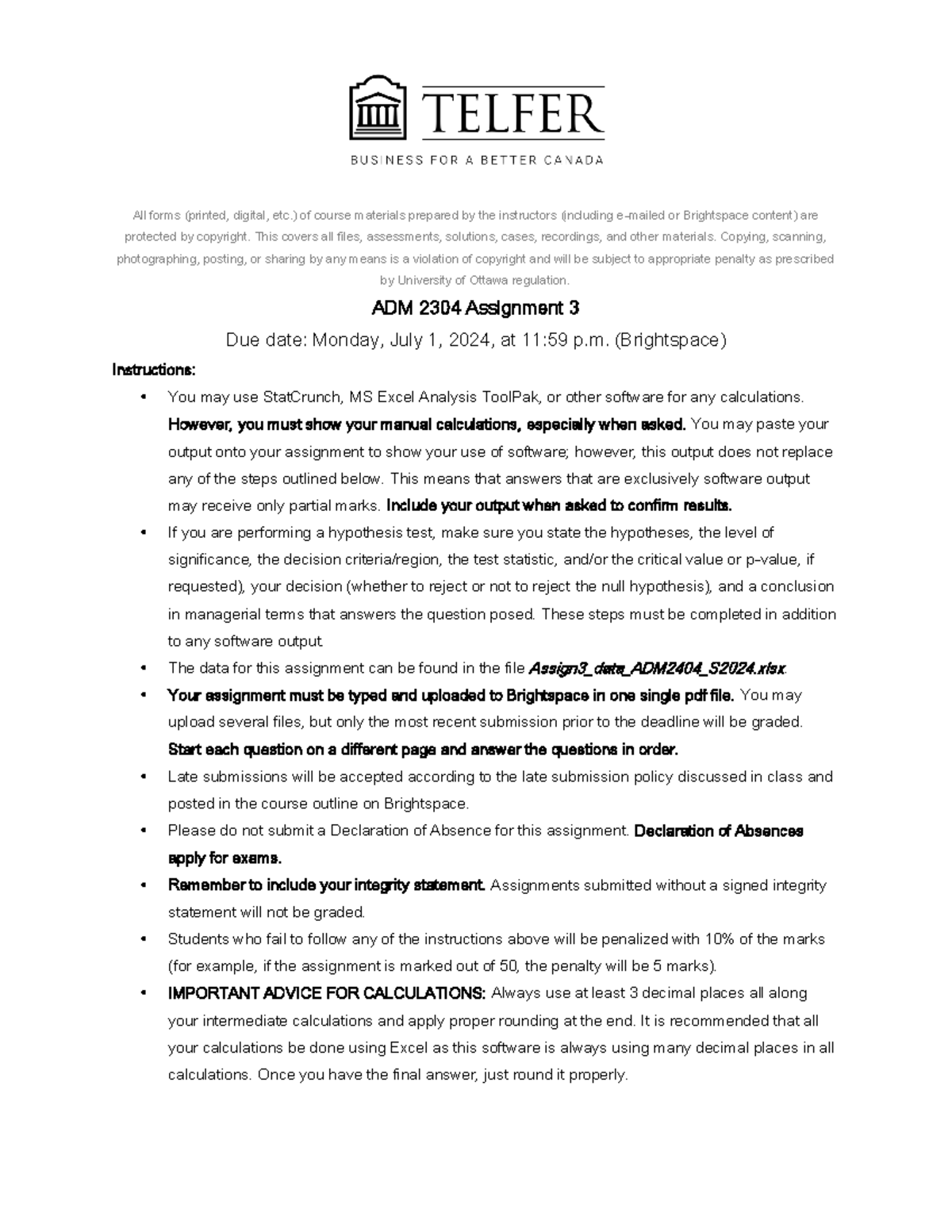 ADM2303 Assignment 3: Data Analysis & Hypothesis Testing Guide (Summer ...