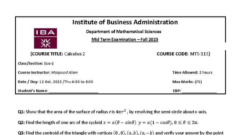 Midterm Exam Notes for Calculus 2 (MATH 202) - Fall 2023 - Studocu