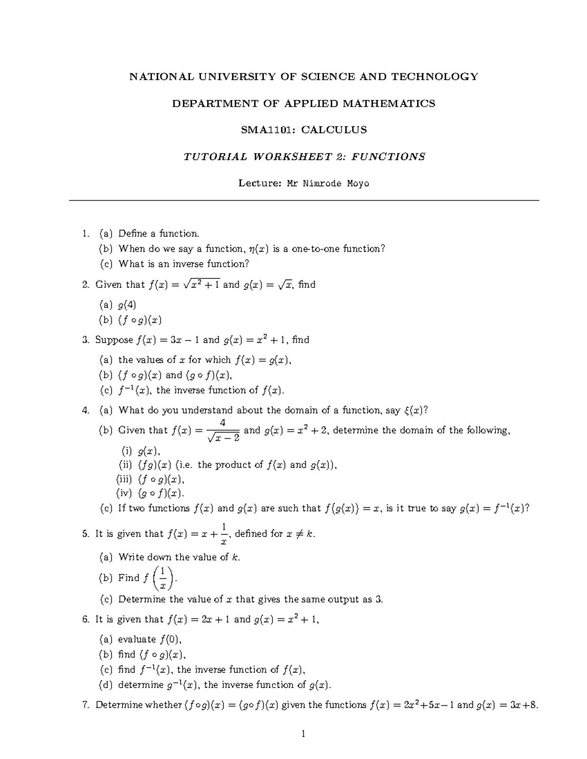 SMA1101 Calculus Tutorial Worksheet 2: Understanding Functions - Studocu