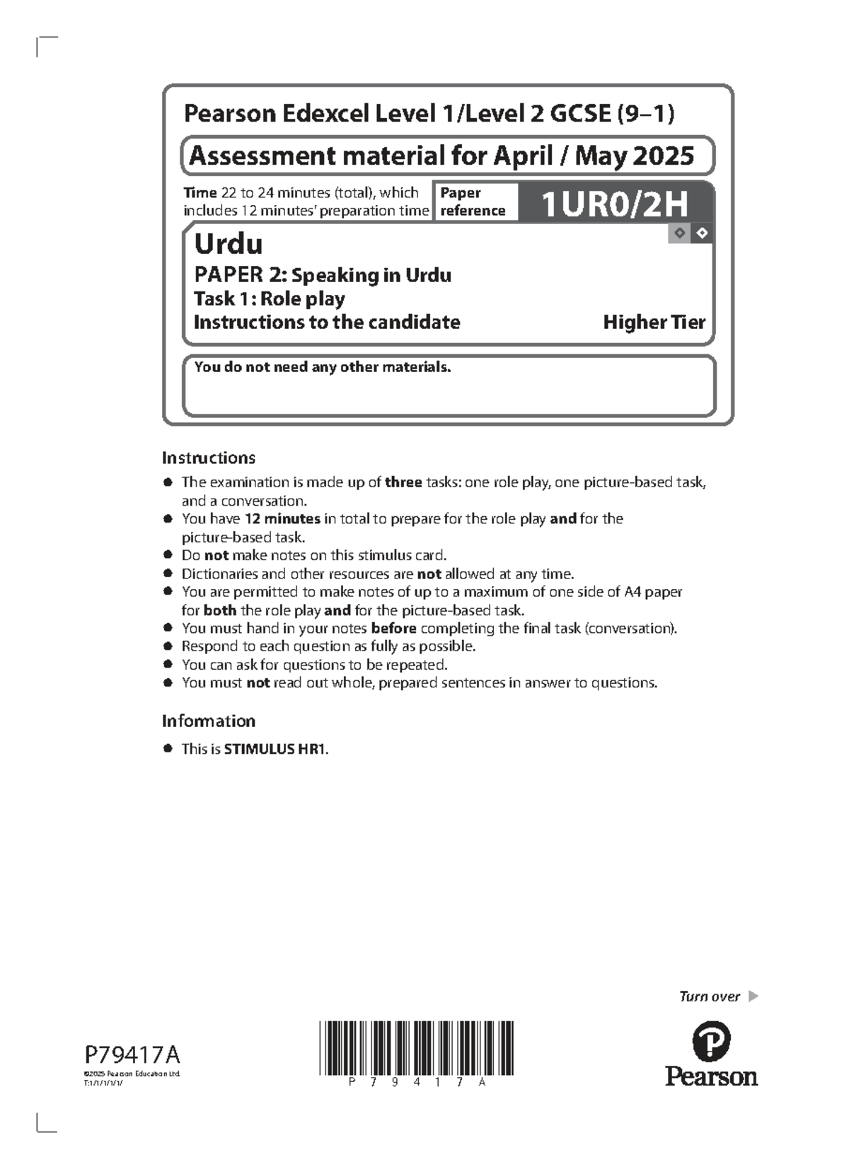 P79417 GCSE Urdu 1UR0 2H PAPER 2: Speaking Role Play Instructions - Studocu