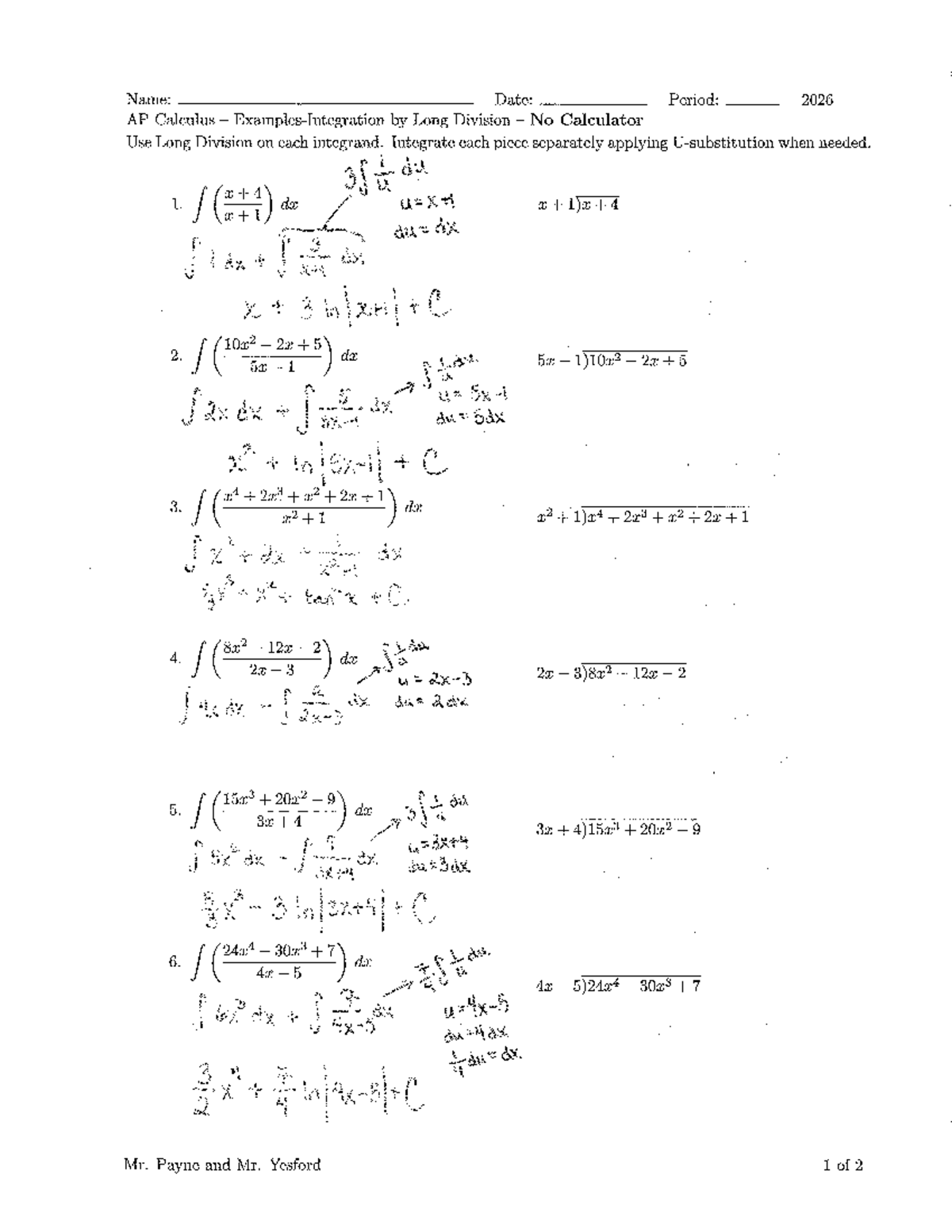 AP Calculus Long Division Integral Key - No Calculator Use - Studocu