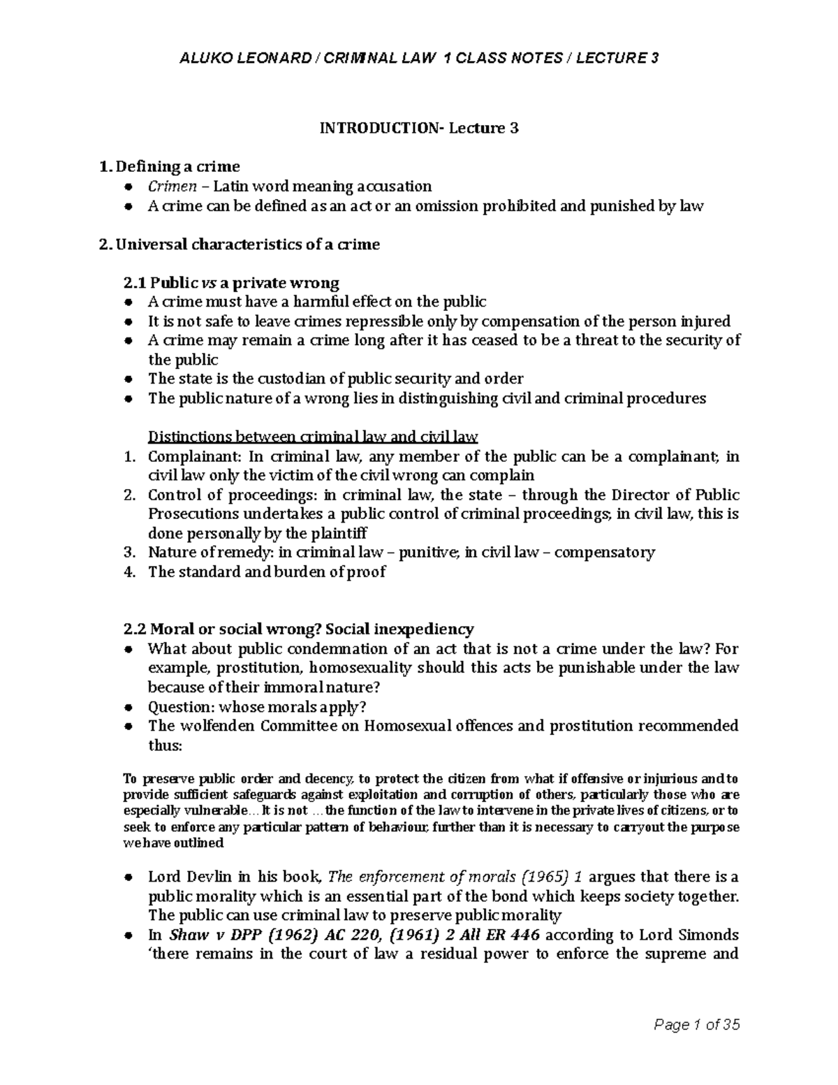Aluko's Criminal LAW 1 Lecture Notes on Crime Definition ...