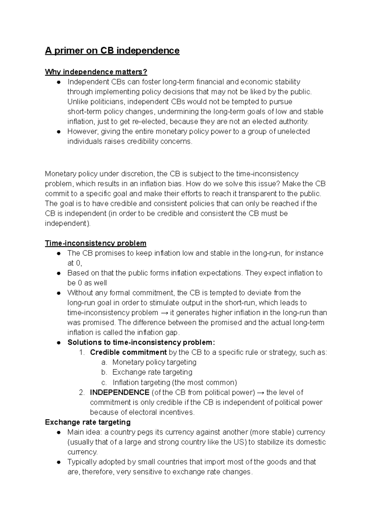 Lecture 4 Notes: Central Bank Independence and Monetary Policy Challenges -  Studeersnel