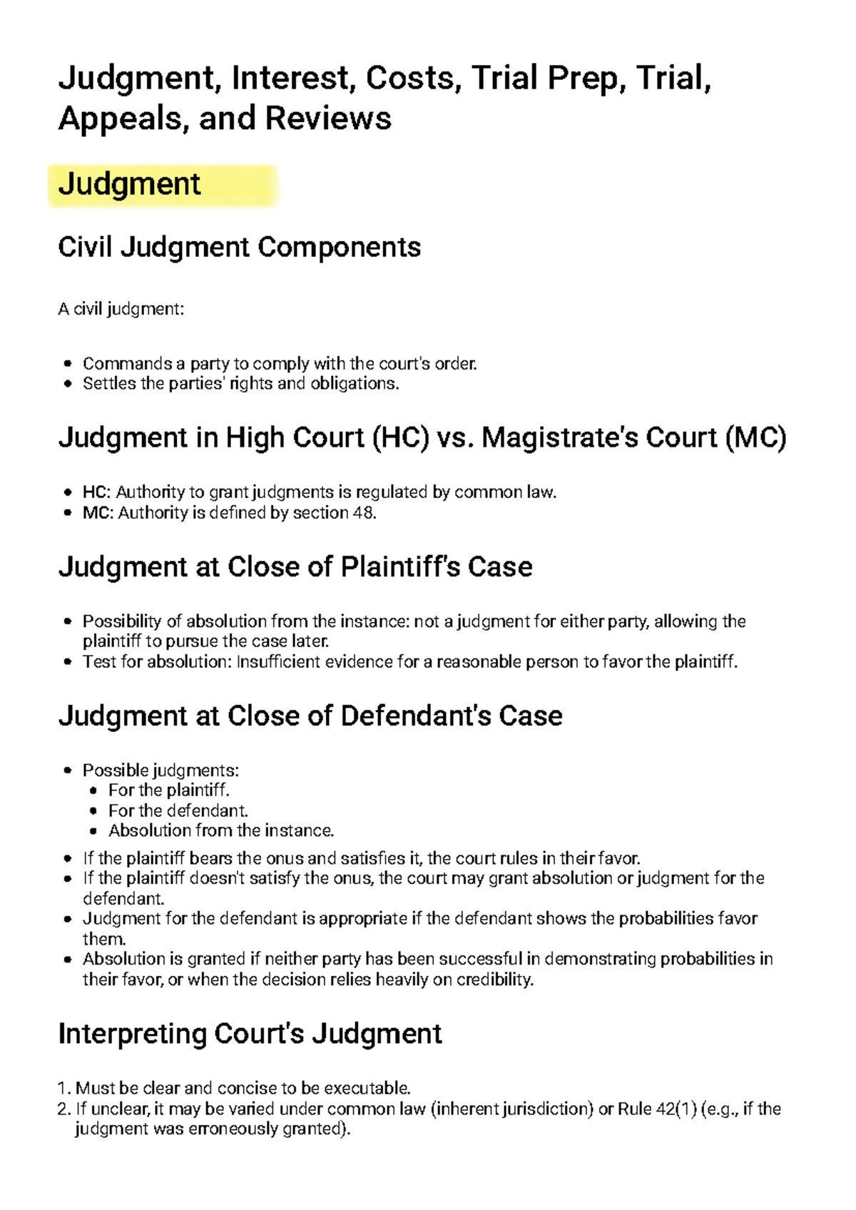 Civil Judgment & Legal Costs Overview - Study Guide (LAW 101) - Studocu