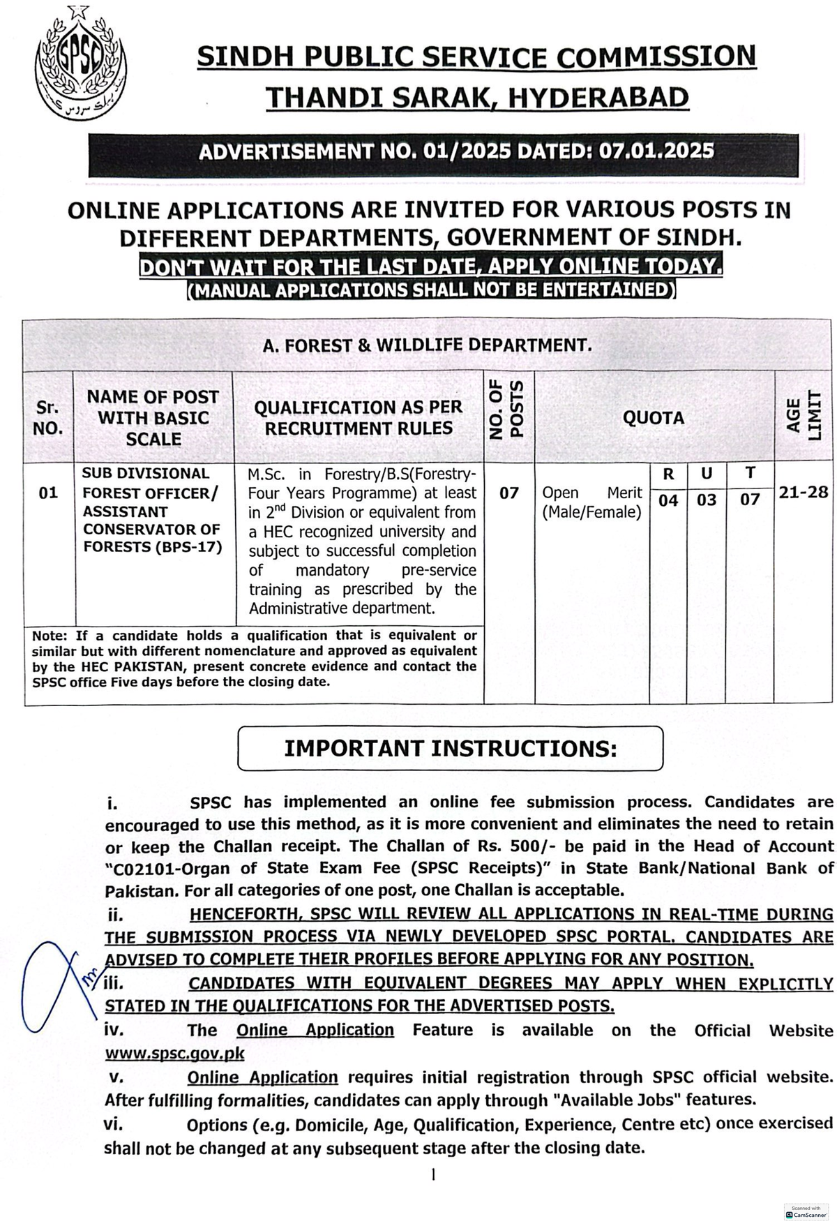 SPSC Adv-01-2025: Online Applications for Various Posts in Sindh - Studocu