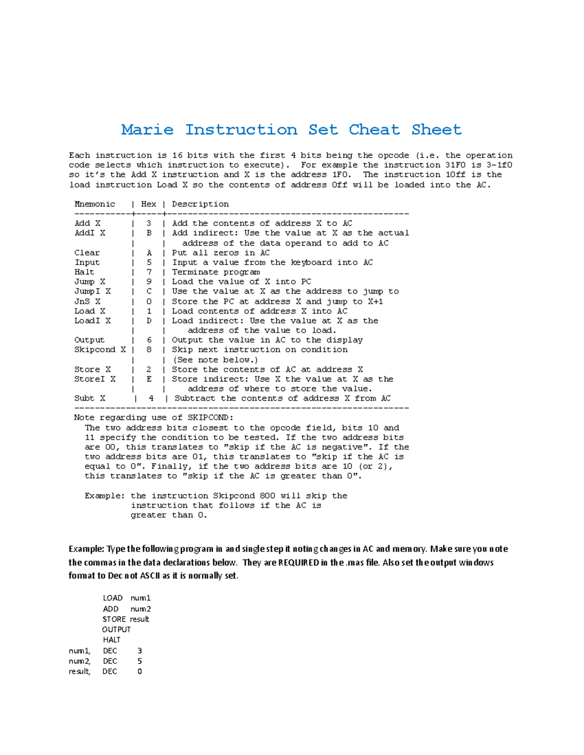 Marie Instruction Set Cheat Sheet: Key Mnemonics & Opcodes - Studocu