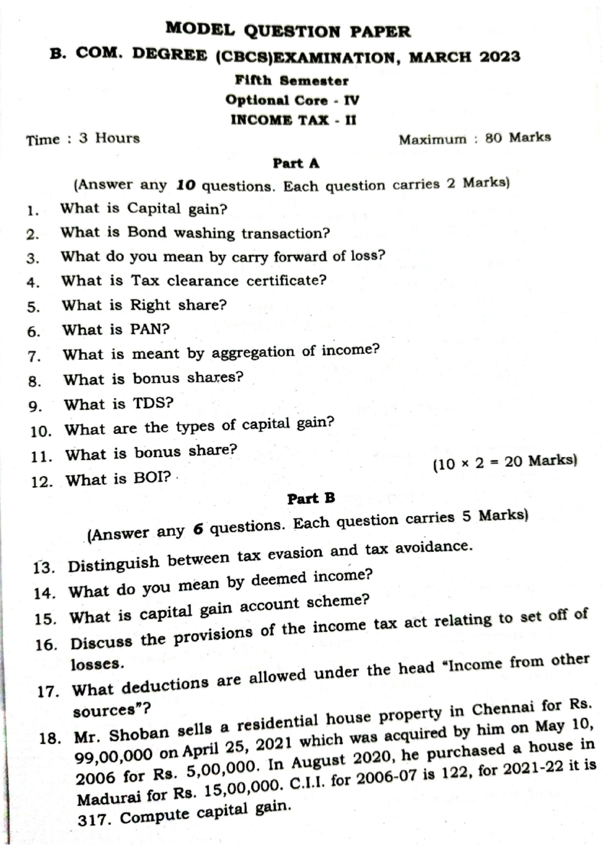 B.COM. 5TH SEMESTER INCOME TAX MODEL QUESTION PAPER MARCH 2023 - Studocu