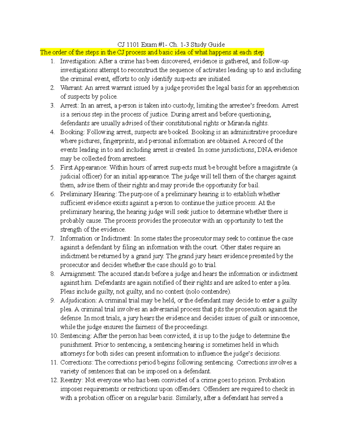 CJ 1101 Exam #1 - Study Guide for Chapters 1-3 with Key Points - Studocu