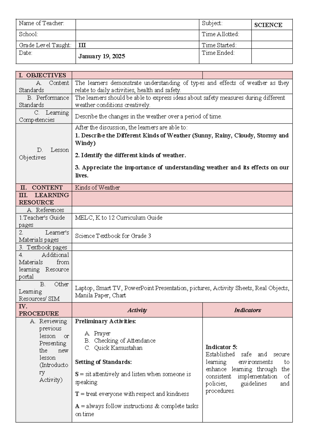 Grade 3 SCIENCE Lesson Plan: Understanding Weather Types - Studocu