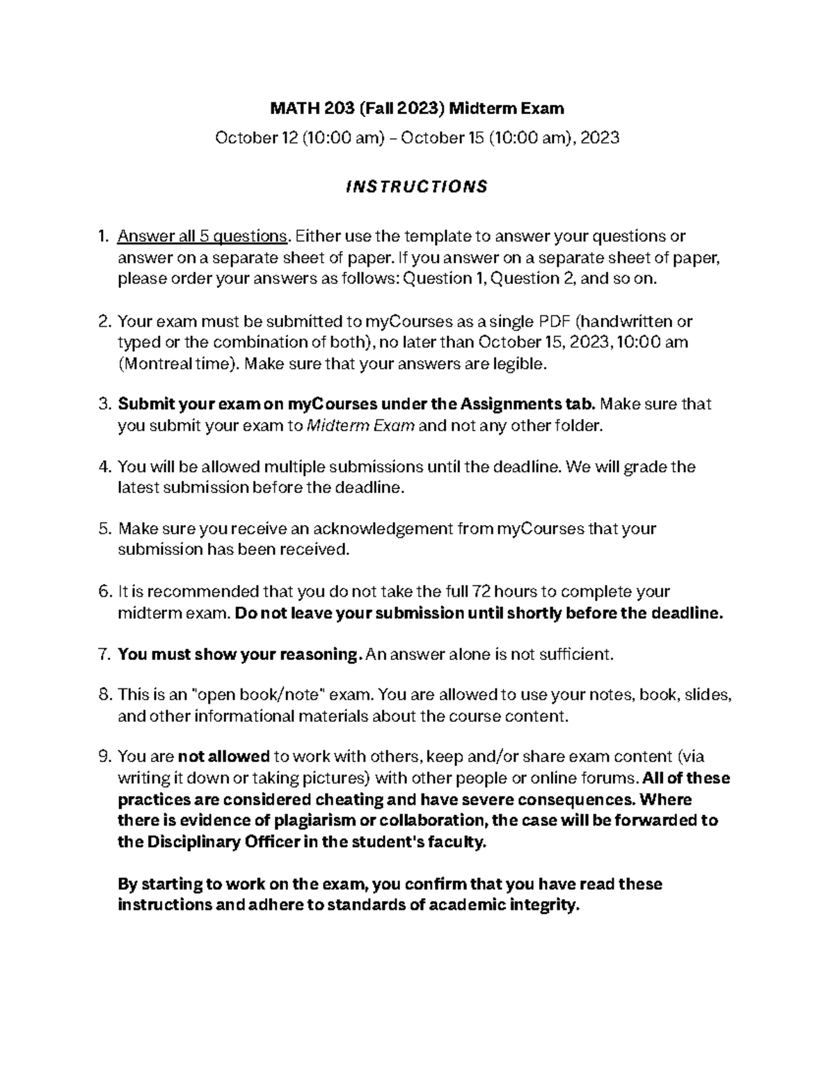 Math203 Fall2023 Midterm - MATH 203 (Fall 2023) Midterm Exam October 1 ...