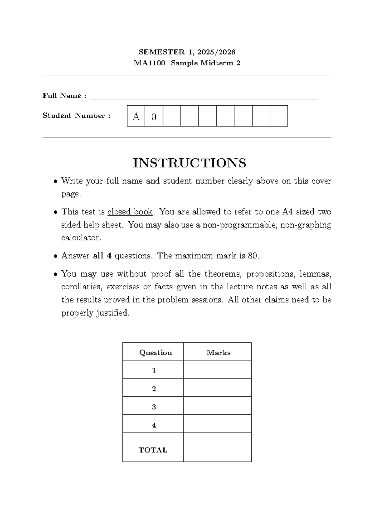 MA1100 Sample Midterm 2: Instructions and Questions - Studocu