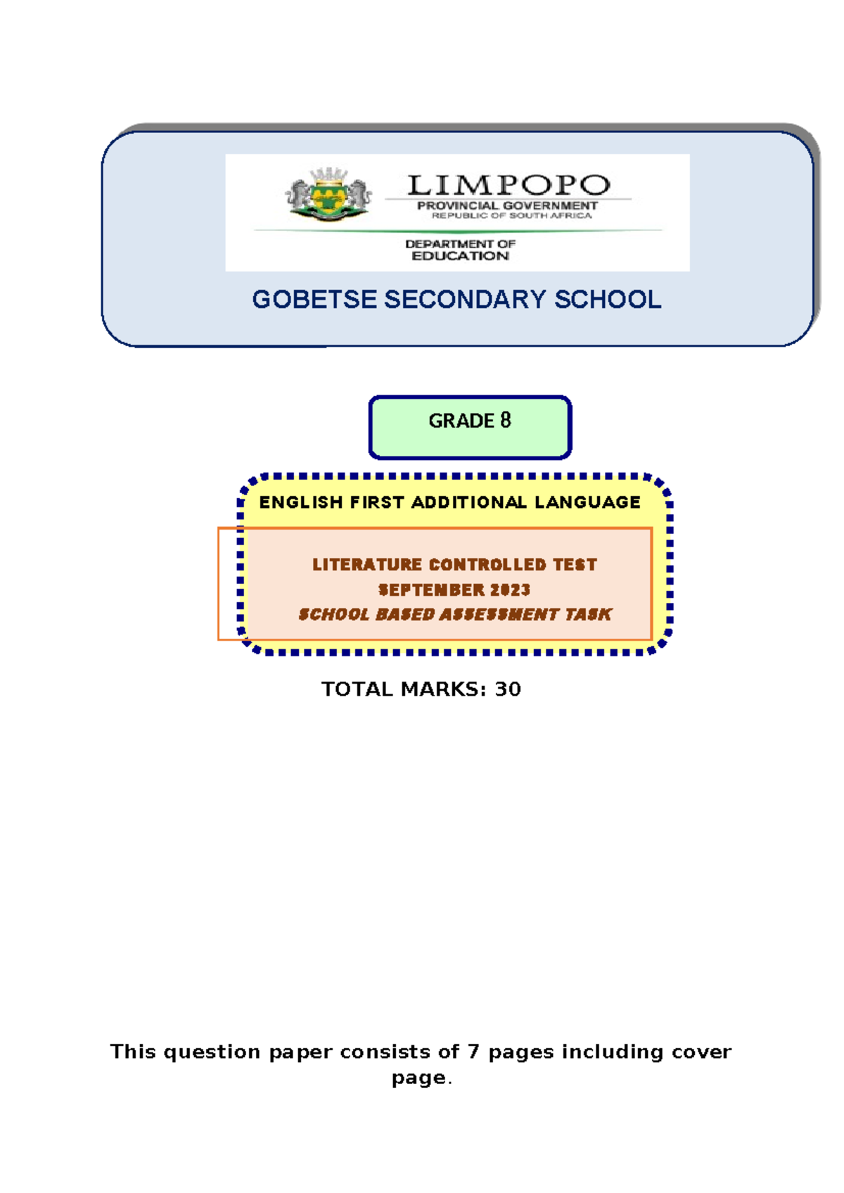 Grade 8 English First Additional Language Lit Controlled Test - Sept ...