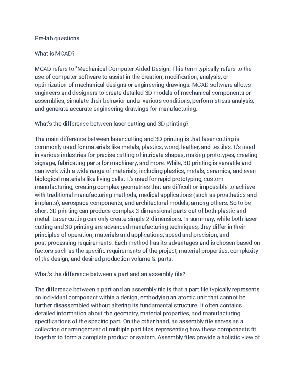 ENGR 210 Pre-Lab Questions on MCAD, CAD, and Manufacturing Techniques ...