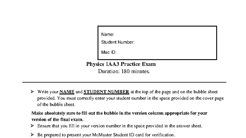 Physics 1AA3 Practice Final Exam Guidelines and Questions S24 - Studocu