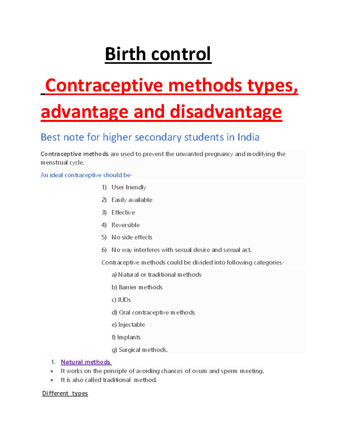 Basic Overview of Contraceptive Methods for HS Students in India - Studocu