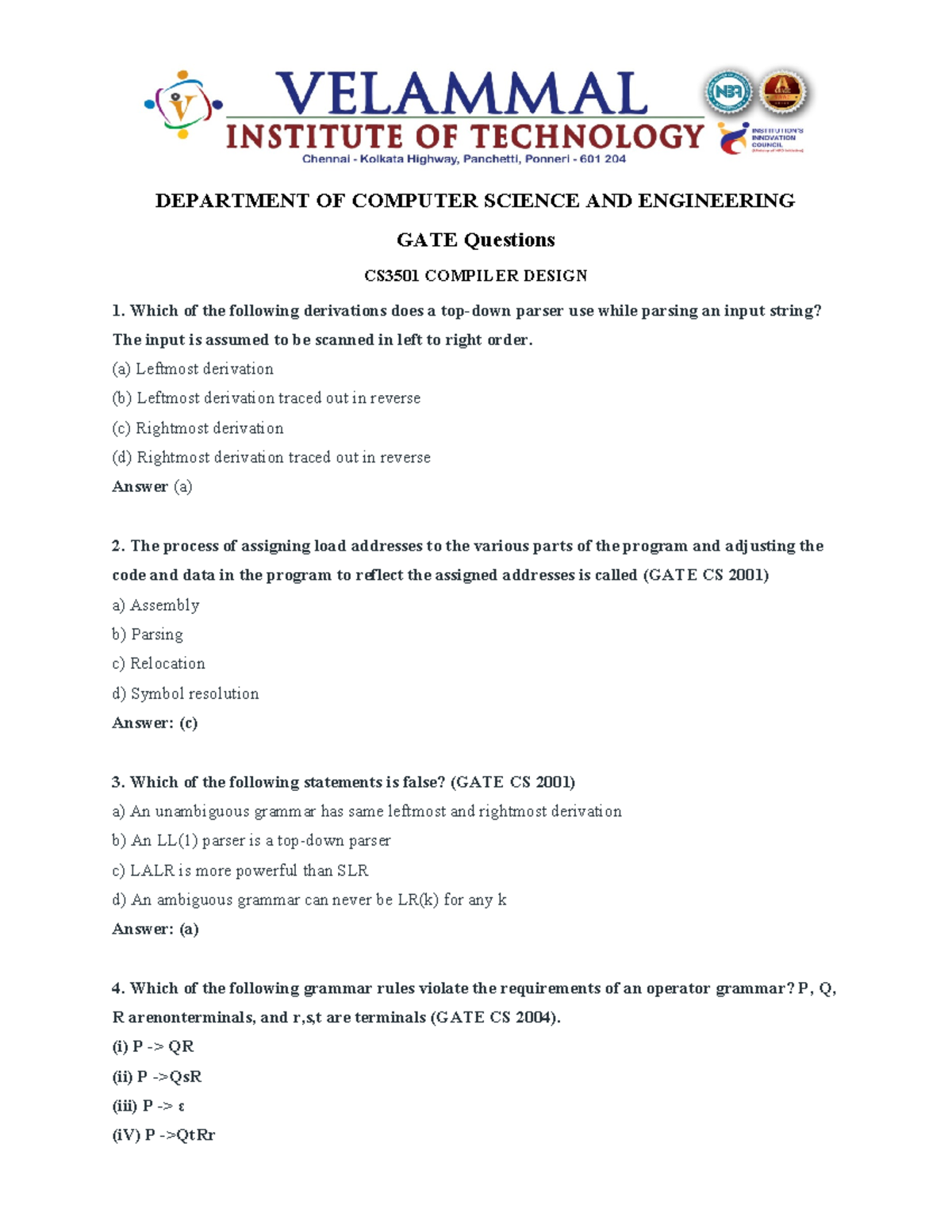 GATE CS3501 Compiler Design Questions and Answers - Studocu