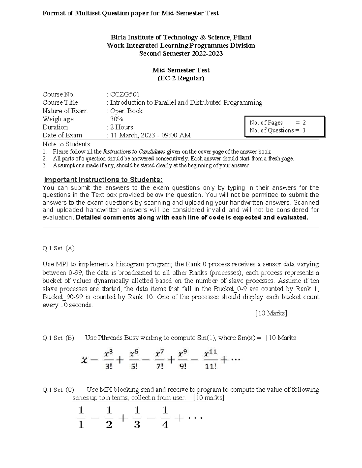 CCZG501 - Format of Multiset Test Paper for Parallel Programming - Studocu