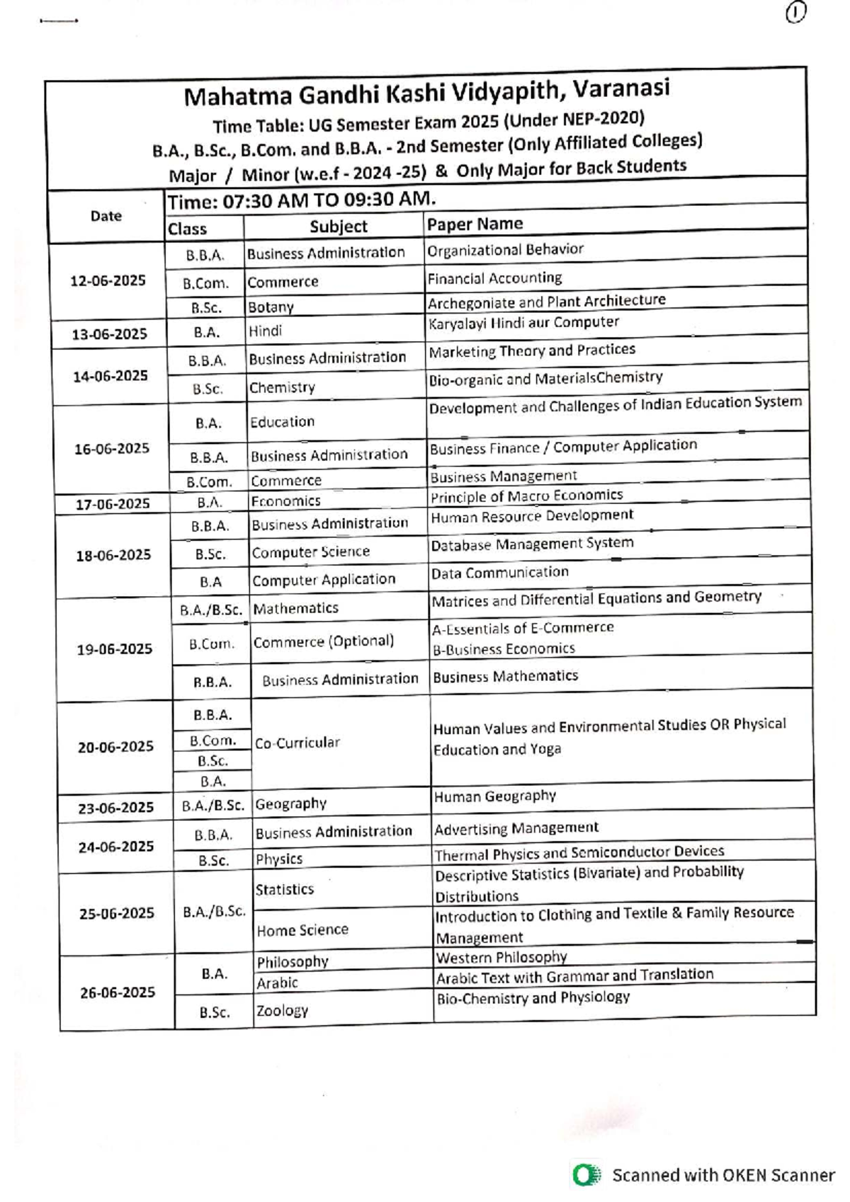 UG Semester Exam 2025 Time Table: B.A., B.Sc., B.Com., B.B.A. 2nd Sem ...